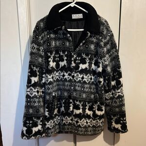 Real Comfort Womens M Nordic Deer Fleece Jacket Black White Fair Isle Vintage